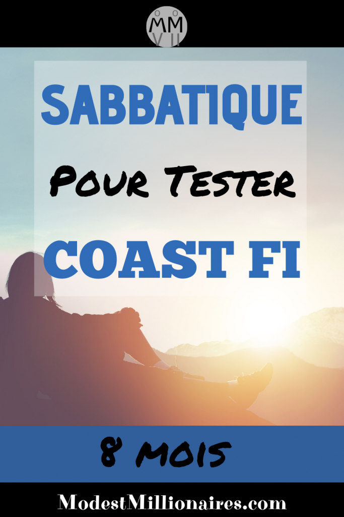 Silouhette de femme qui regarde vers le soleil au dessus de montagne avec les mots Sabbatique pour tester Coast FI 8 mois.