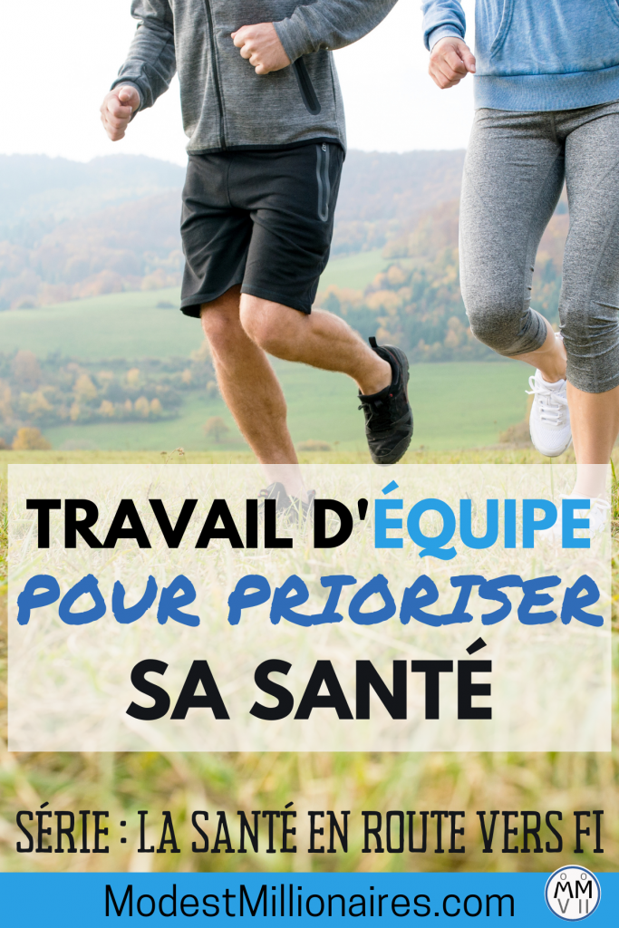 Couple qui fait du jogging près de colines, avec les mots : Travail d'équipe pour prioriser sa santé, série: la santé en route vers FI, ModestMillionaires.com 